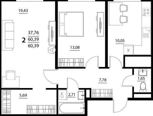 Планировка: 2-комнатная, 60.39 м², Южные резиденции