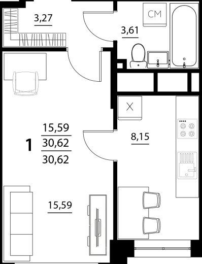 Планировка: 1-комнатная, 30.62 м², Южные резиденции