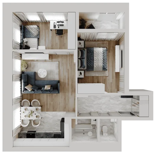 Планировка: 3-комнатная, 58.41 м², Парк Сити