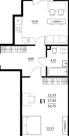 Планировка: 1-комнатная, 53.75 м², Южные резиденции